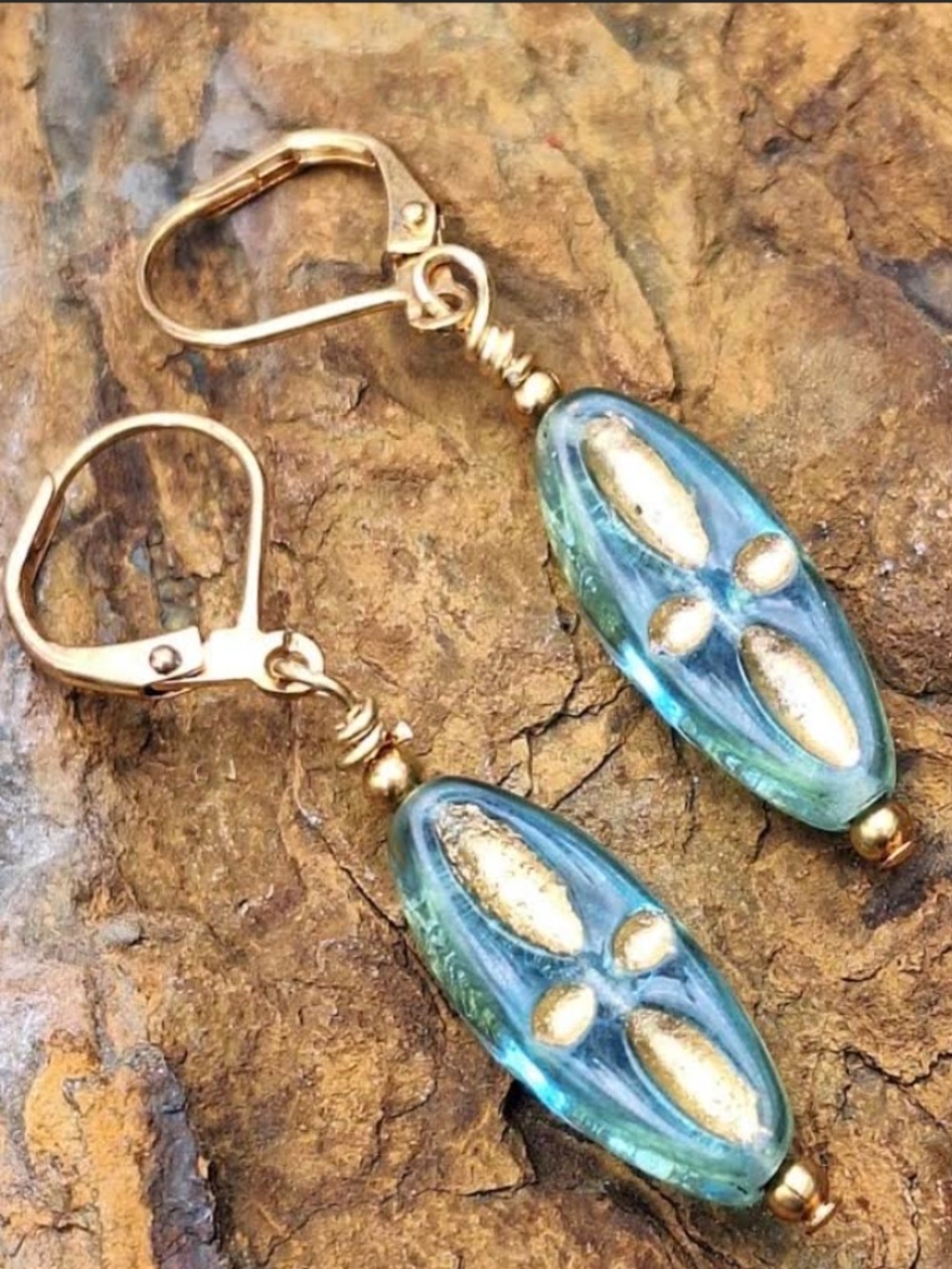 Handmade Light Blue Czech Glass Bead Earrings with Gold Accents, NWT